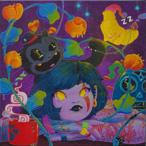 Painting of a purple girl and a black cat surrounded by colorful flowers, the moon, and hearts