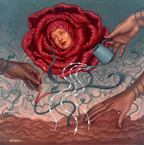 Painting of hands watering a red flower with a woman's face in the middle of its petals