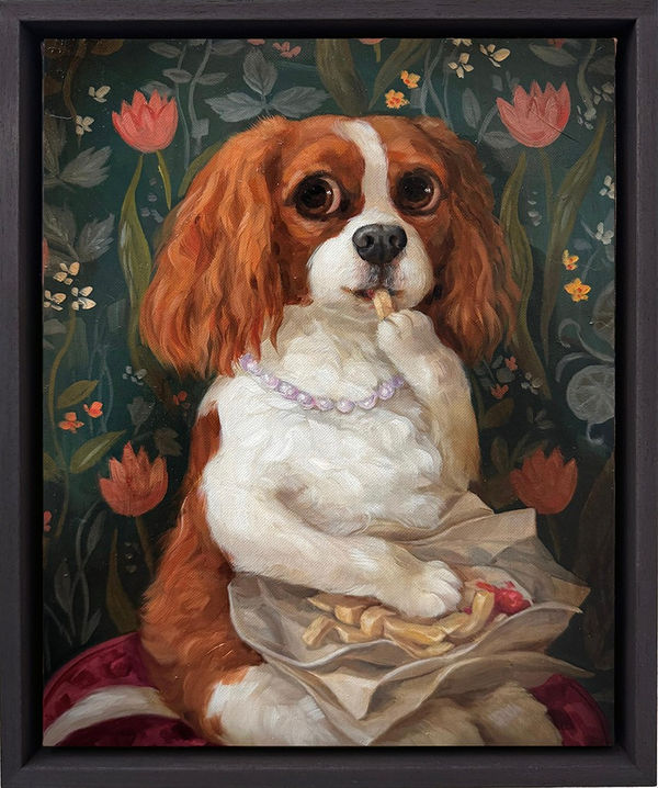 A painting of a white and orange dog wearing a pearl necklace and eating french fries and ketchup.