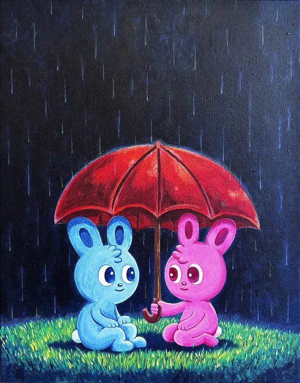 Painting of a blue bunny and a pink bunny sitting underneath a red umbrella