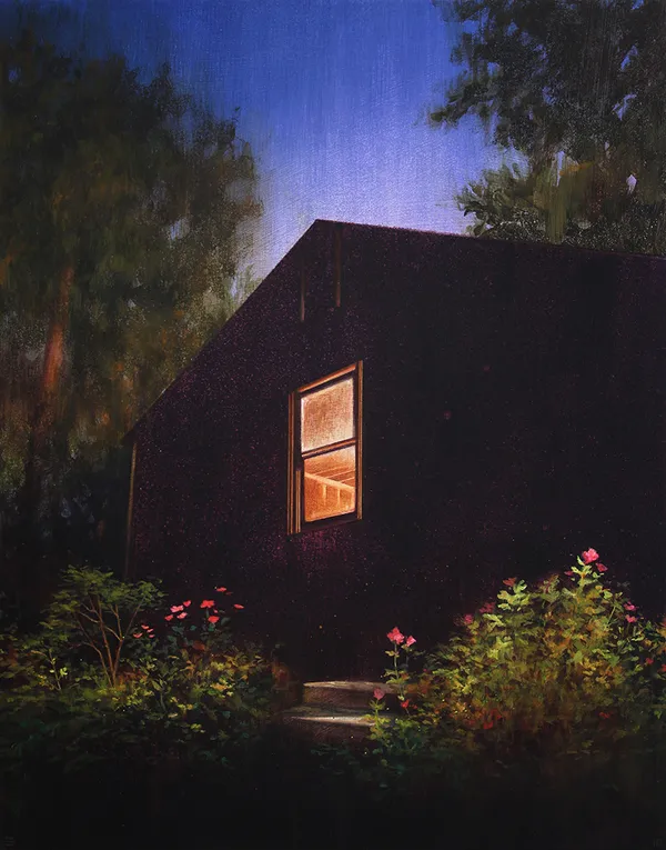 Painting of a house during the night with one window glowing with warm light