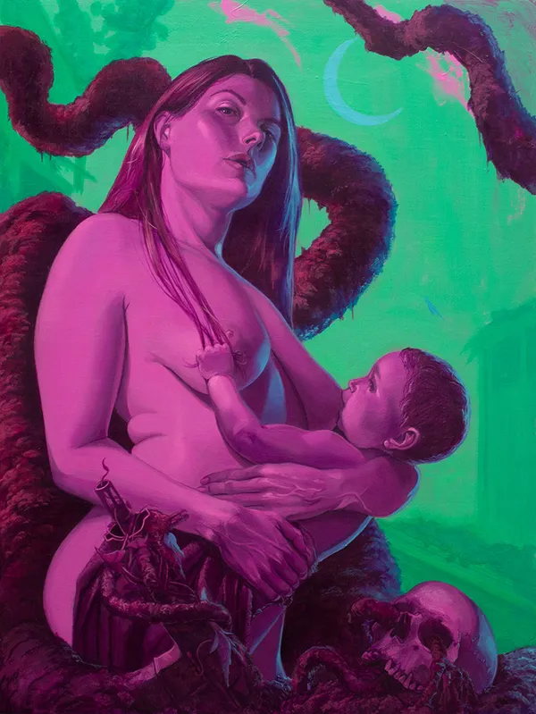 Painting of a nude mother holding a baby with a skull next to them