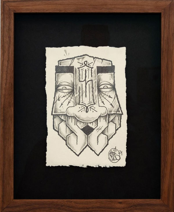 Drawing on paper of a GATS character with S's for teeth