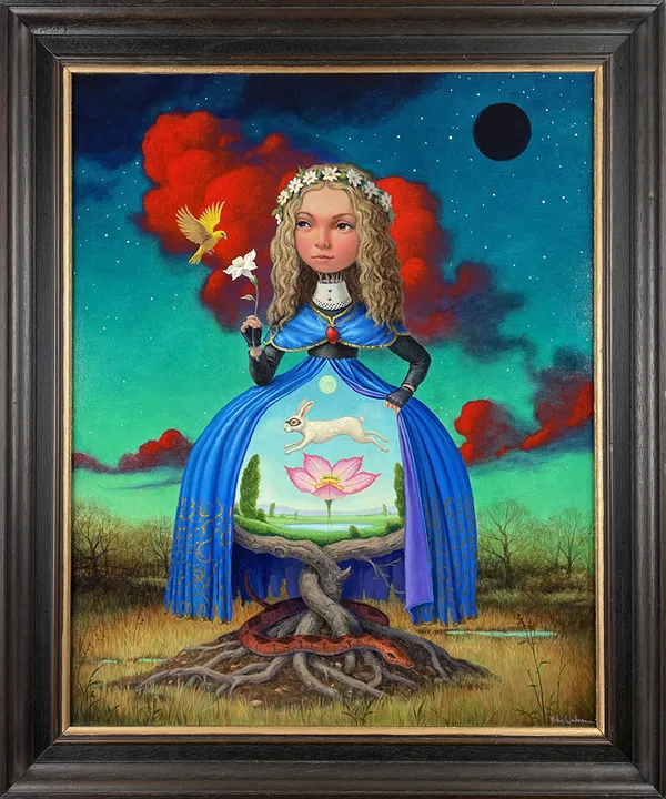 Framed painting of a woman in a blue dress emerging from tree roots