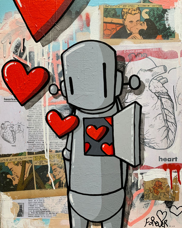 robot with hearts floating out of its open chest