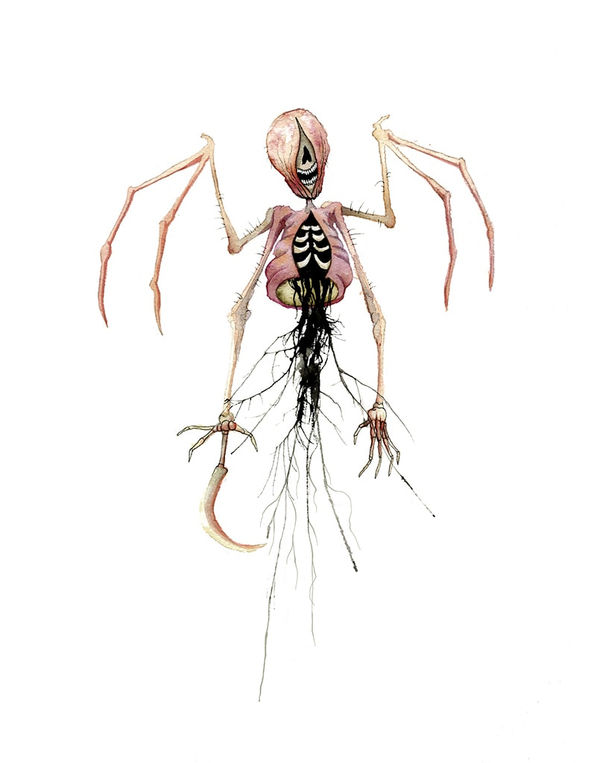 Painting by Alex Pardee of a bat skeleton