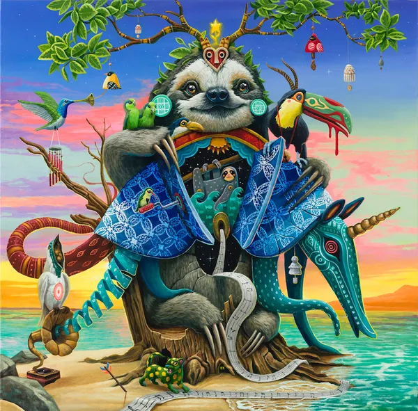 Dulk painting of sloth, toucan and armadillo on beach with sunset