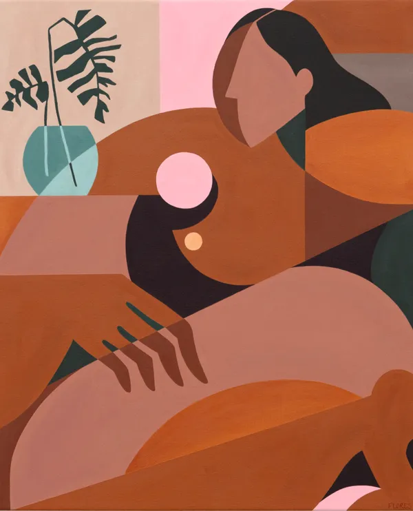 Abstract painting of a woman sitting next to a vase with two plants.