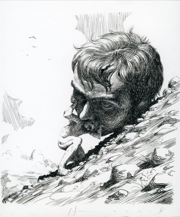 black and white ink drawing of a man rolling a large mans head up a hill