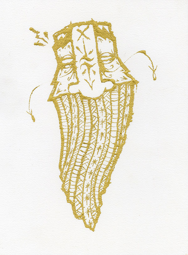 Drawing on paper of GATS character in gold ink with long skinny beard