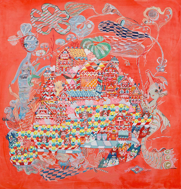 A bright vivid painting filled with a very detailed island of houses filled and surrounded by different animals and creatures. Bright vivid colors are on top of a bright red background.