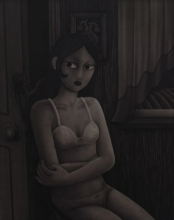 black and white painting of a woman seated in her bra and underwear with her arms wrapped around herself