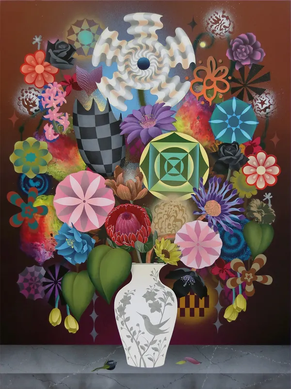 Casey Gray - Spray Painting of vibrant flowers in front of black and red gradient background.