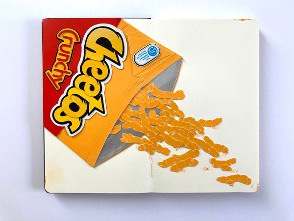 Painting of an open bag of crunchy Cheetos with some chips falling out of the bag.