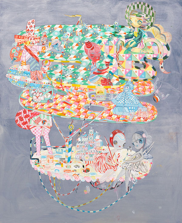 A painting by KeFe depicting floating oval shaped islands filled with abstracted objects, vivid patterns, and girl like creatures.