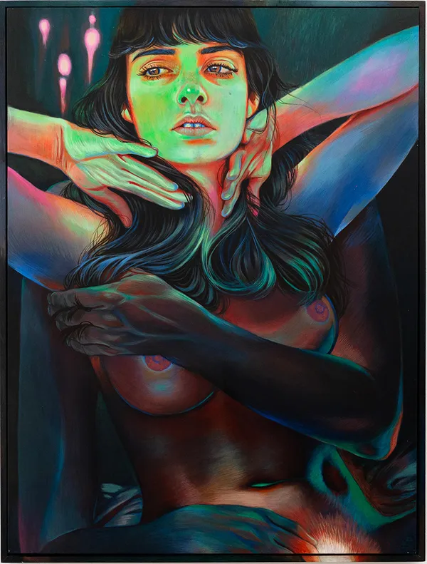 Painting of a woman with black straight hair holding her hands towards her face and another arm covers her exposed breasts