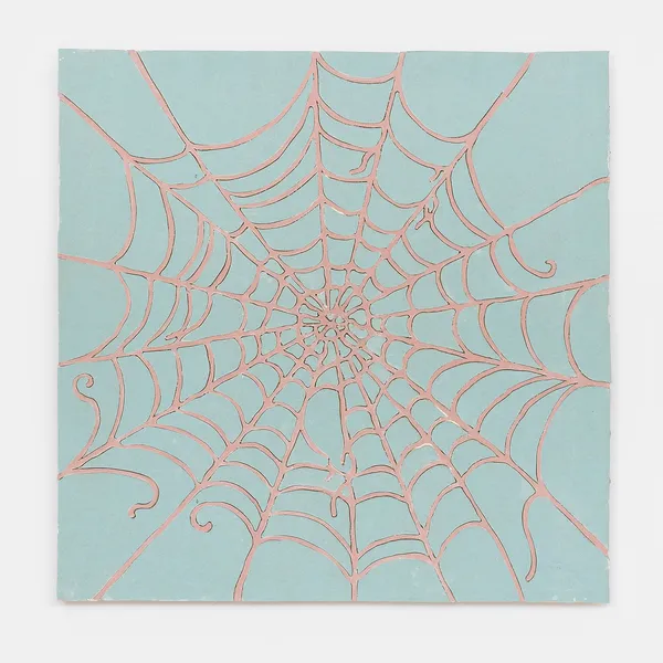 Willie Morlon & Léo Luccioni World Wild Web (pink on green), 2026 Gyproc, plaster, flax 80 x 80 cm. 31 x 31 in.