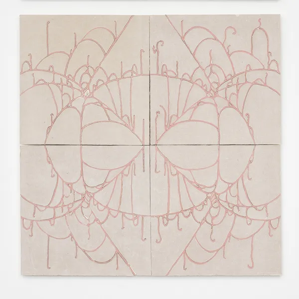 Willie Morlon & Léo Luccioni Spider Symphony (pink on grey), 2026 Gyproc, plaster, flax 160 x 160 cm. 63 x 63 in.