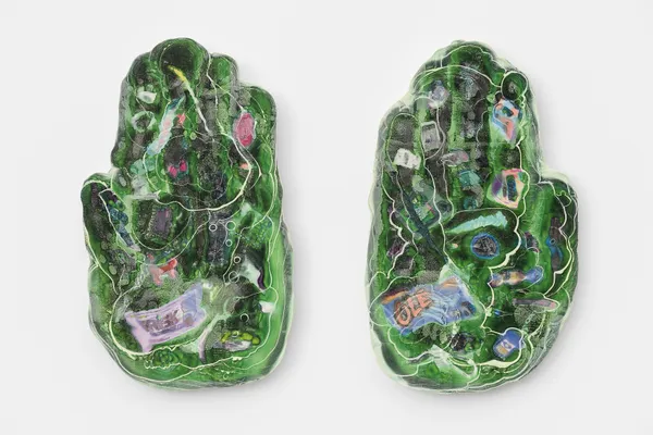 Audrey Jonchères & Léo Luccioni Tresors: Red Pill & Blue Pill, 2026 Ink-jet transfer on plaster 75 x 45 cm. 29 x 17 in.