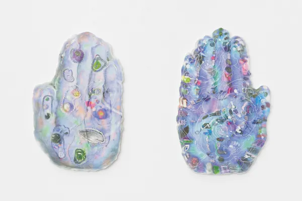 Audrey Jonchères & Léo Luccioni Tresors: Mitochondrie & Chiromancie, 2026 Ink-jet transfer on plaster 135 x 85 cm. 53 x 33 in.