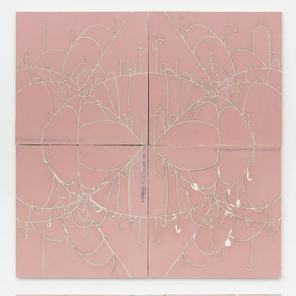 Willie Morlon & Léo Luccioni Spider Symphony (grey on pink), 2026 Gyproc, plaster, flax 160 x 160 cm. 63 x 63 in.
