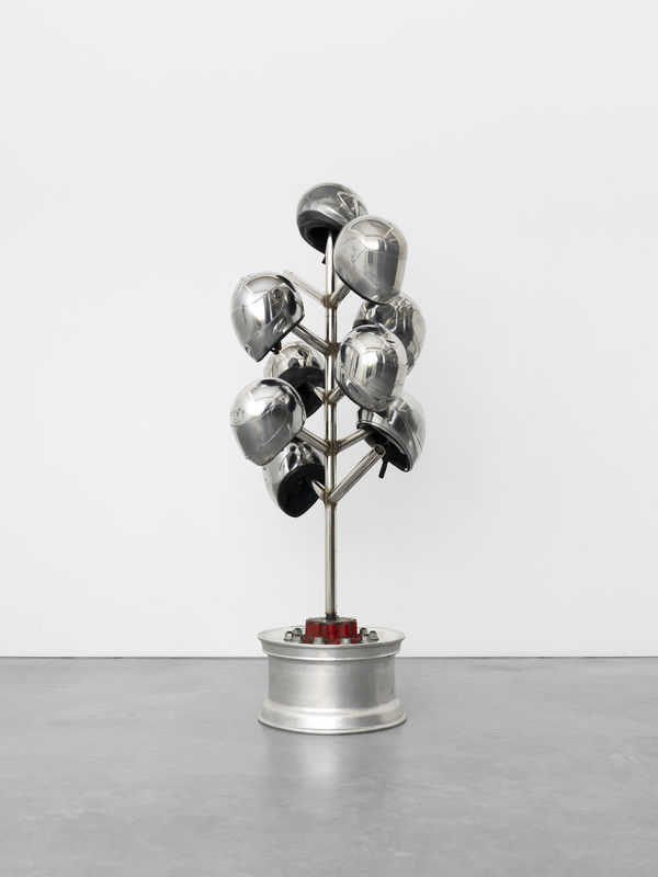 Xavier Mary Knight Rider Crusade, 2024-2025 Mirror polished truck rim, powder coated steel tubes, drag racing tire, mirror effect spray paint 214 x 100 x 100 cm. 84 1/4 x 39 3/8 x 39 3/8 in.