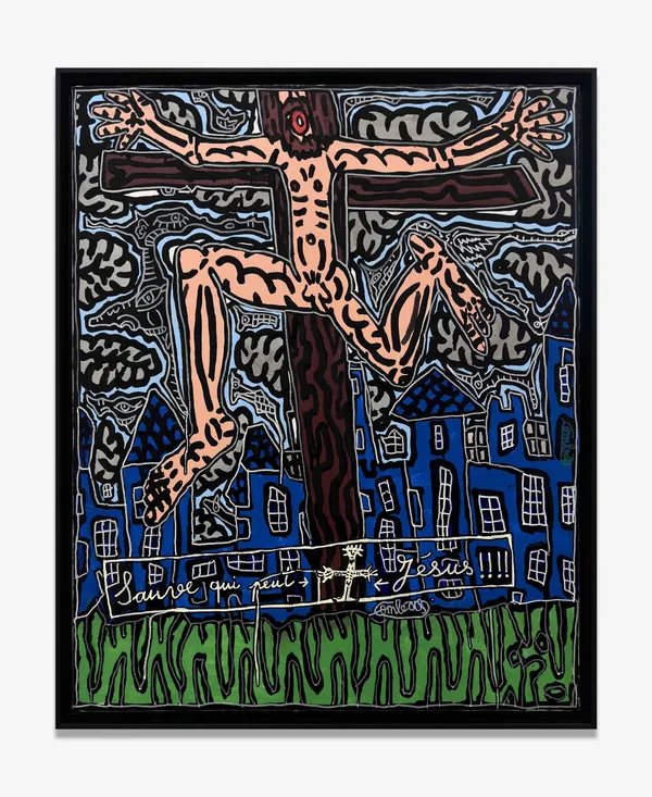 Robert Combas SAUVE QUI PEUT JÉSUS !!!!, 2026 Acrylique sur toile 100 x 81 cm Signé "Combas" en bas à droite