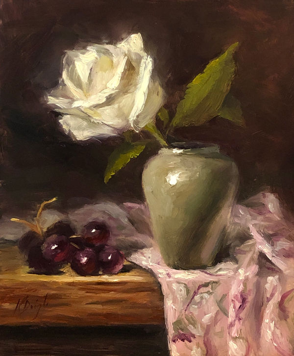 Karen Daigle, White Rose on Pink