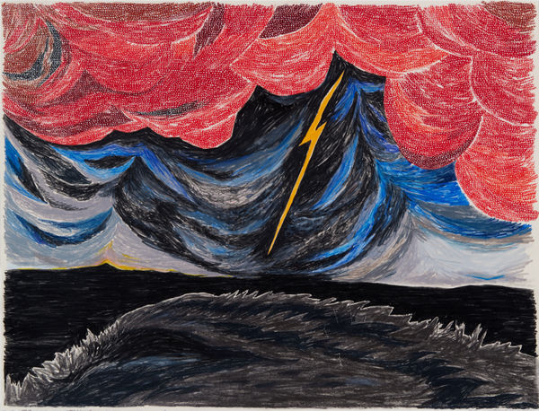 a large storm with lightning over a dark landscape