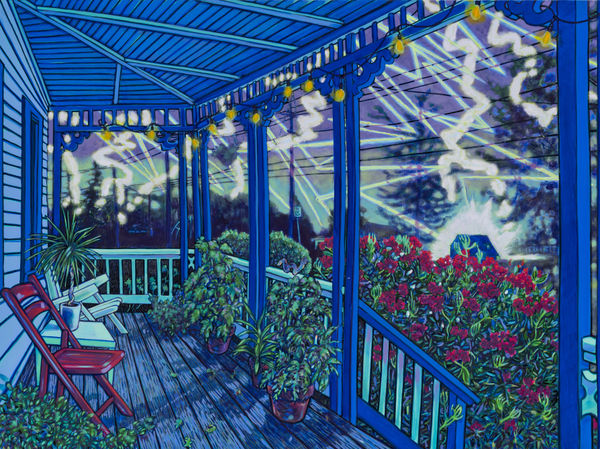 Front porch with lightning strike