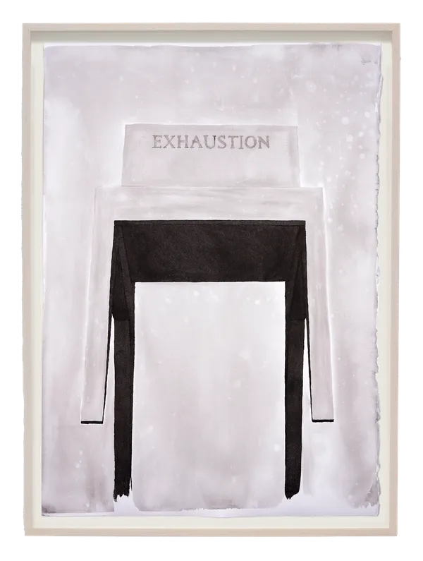 Framed ink drawing of simple wooden chair with 'Exhaustion' inscribed on the seat back