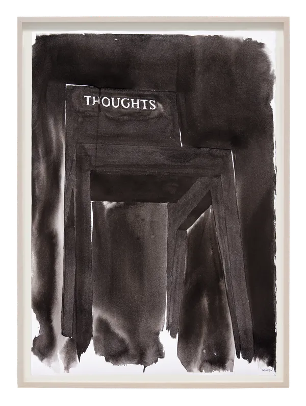 Framed ink drawing of simple wooden chair with 'Thoughts' inscribed on the seat back