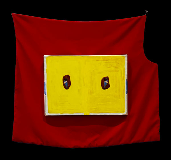 Red velvet draped behind yellow painting with two figures