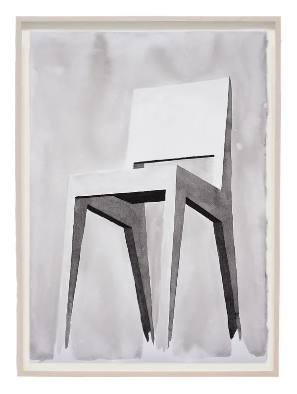 Framed ink drawing of a simple wooden chair
