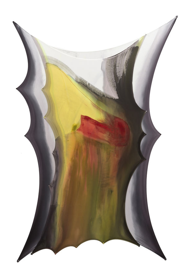 Thin stretched and pinned white fabric dyed with red, green, yellow, and black pours