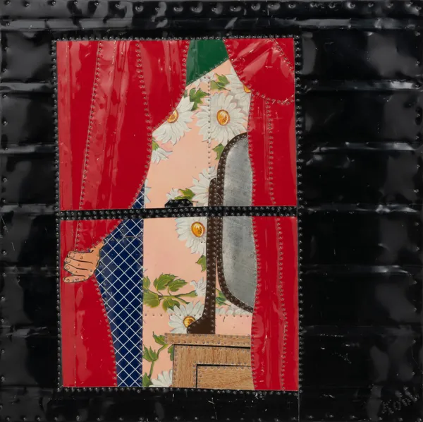 Image of window with hand pulling curtain back showing mirror and wallpaper