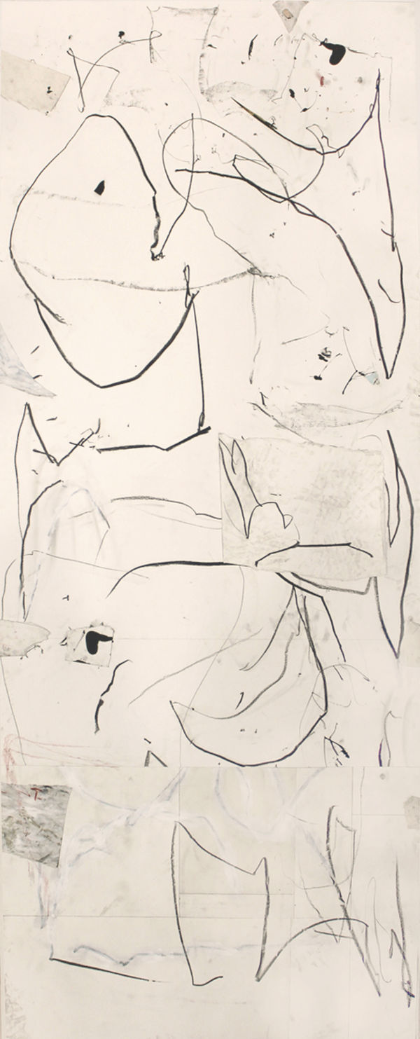 Flowing black ink lines on white painted paper