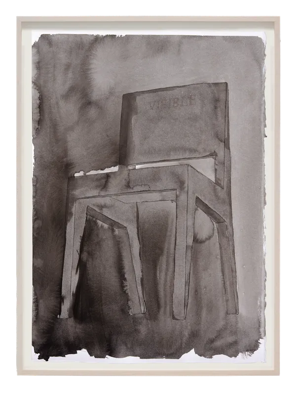 Framed ink drawing of simple wooden chair with 'Visible' inscribed on the seat back