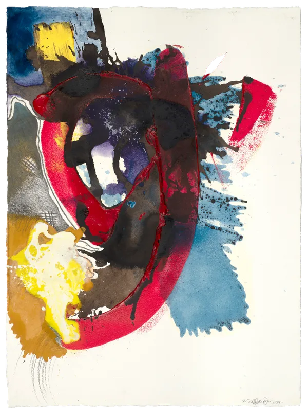 Multicolored abstract painting on paper with washes, stripes, and globs