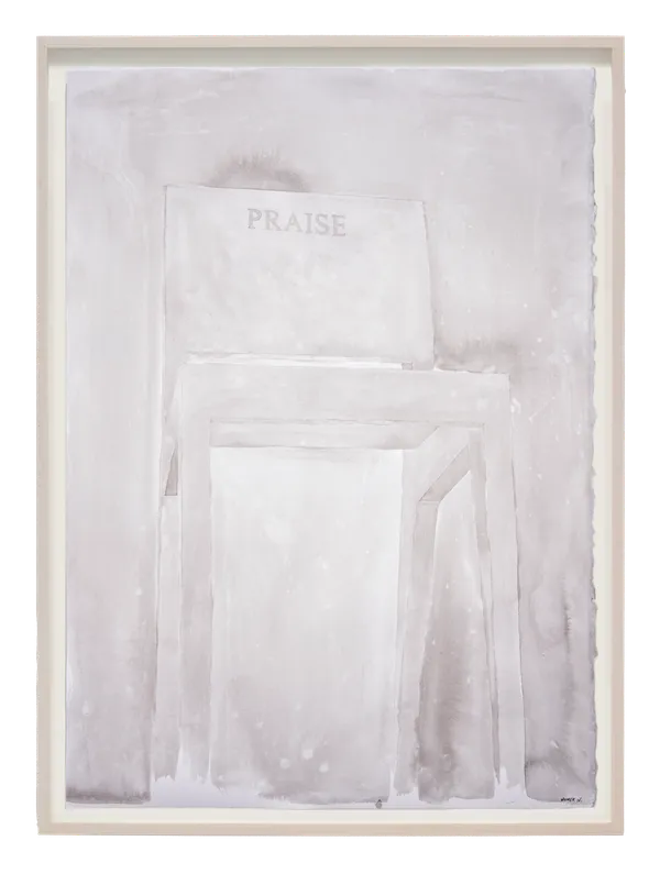 Framed ink drawing of simple wooden chair with 'Praise' inscribed on the seat back