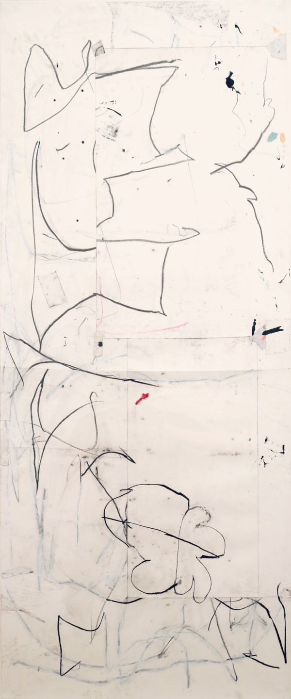 Flowing black ink lines on white painted paper