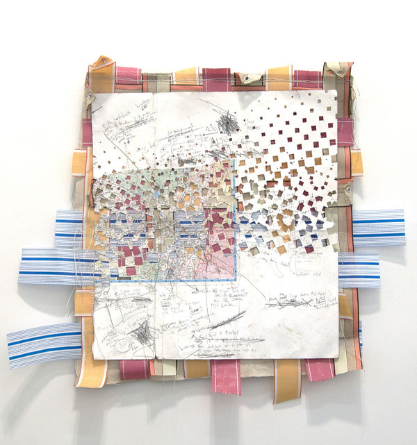 Sculpture created from canvas, colored pencil, fabric, graphite, gesso, hardware, lawn chair webbing, paper, thread and wood installed on the wall