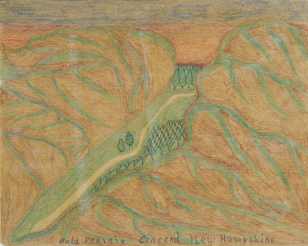Colored pencil drawing of overhead view of a green valley in orange brown landscape