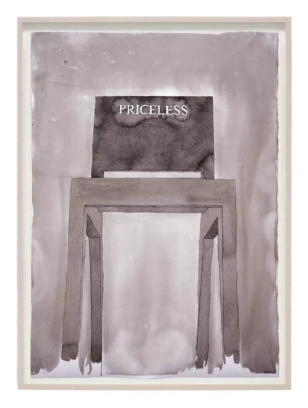 Framed ink drawing of simple wooden chair with 'Priceless' inscribed on the seat back