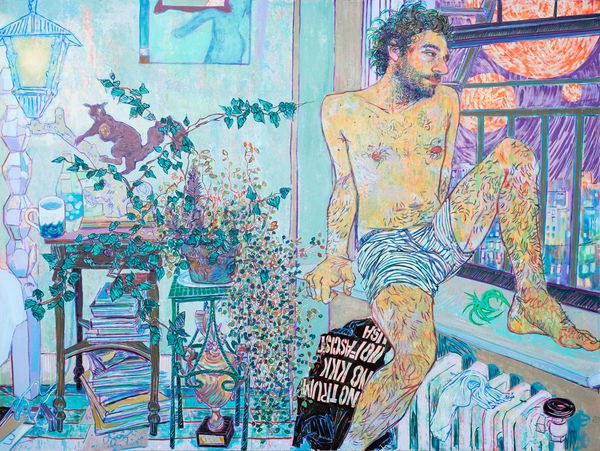 Man in underwear sits on window ledge looking outside, behind him there is a desk and plants