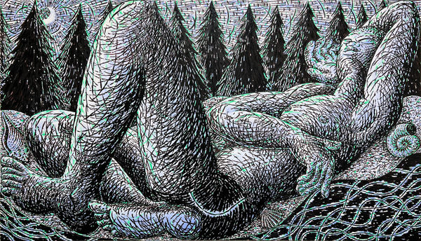 Oil on panel painting depicting a shirtless reclining figure with pine trees and a crescent moon in the background