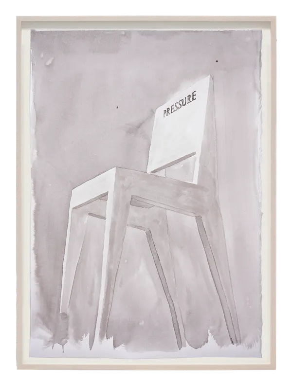 Framed ink drawing of simple wooden chair with 'Pressure' inscribed on the seat back