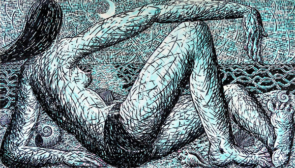 Oil on panel painting of reclining topless female figure looking at the water and a crescent moon