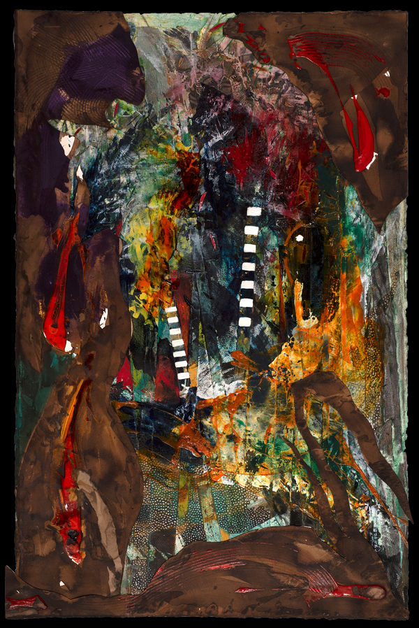 Abstract painting with green, yellow, black and grey layered in the middle.