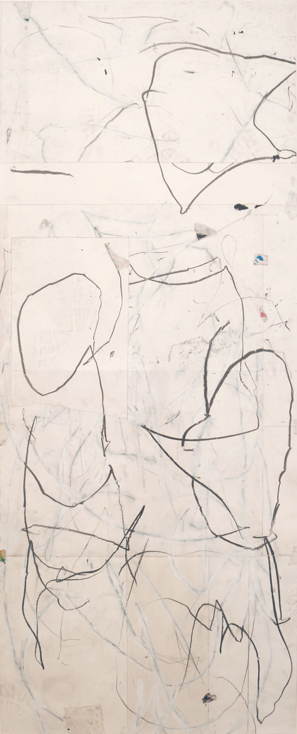 Flowing black ink lines on white painted paper